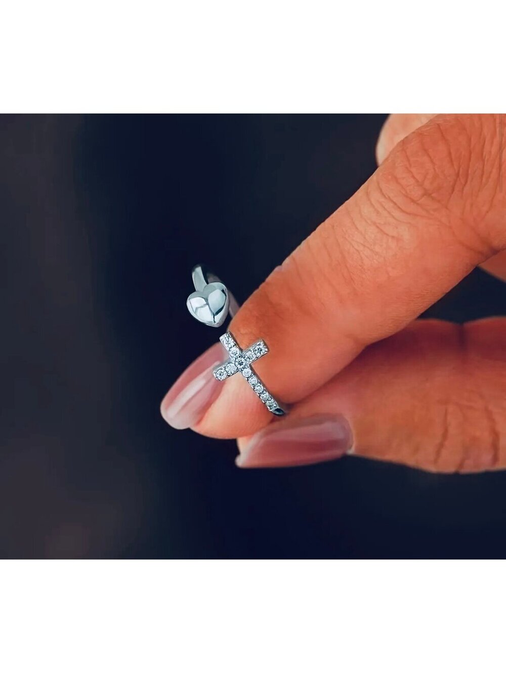 New - Unique Heart with Cross Adjustable Zirconia Ring - OS